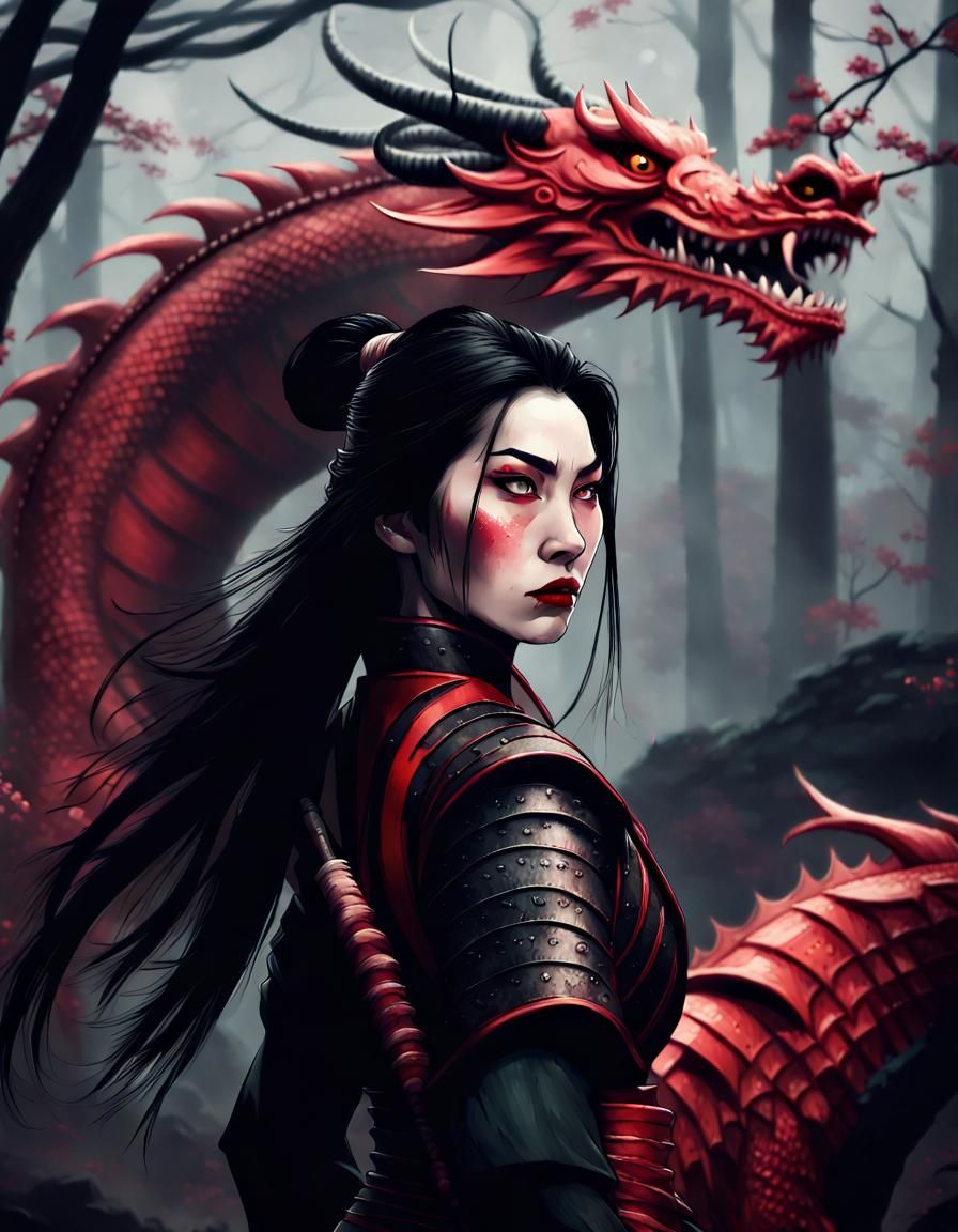 Evil Mulan Portrait with Dragon in Dark Fantasy Art