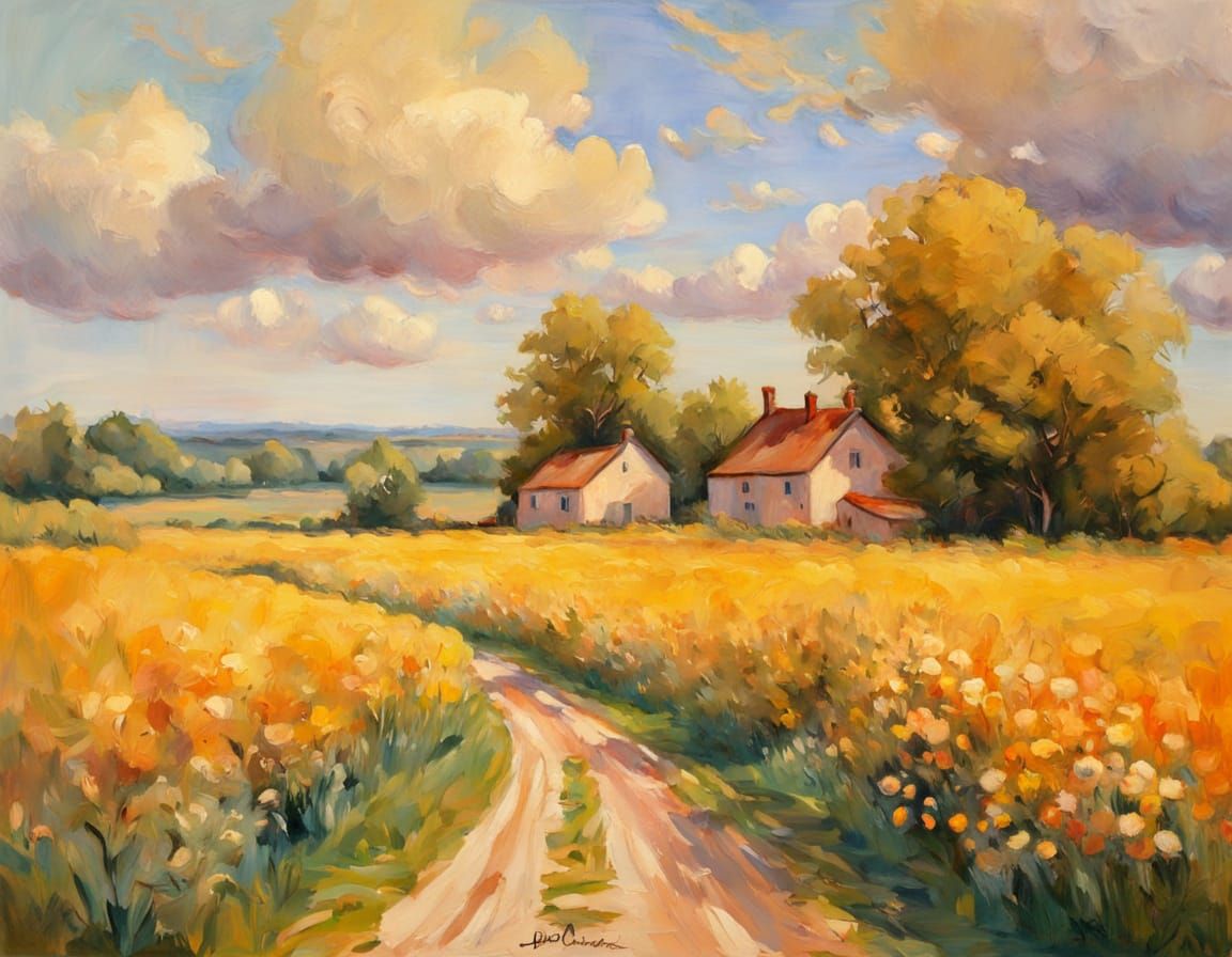 Impressionist Rye Field Landscape in Golden Light