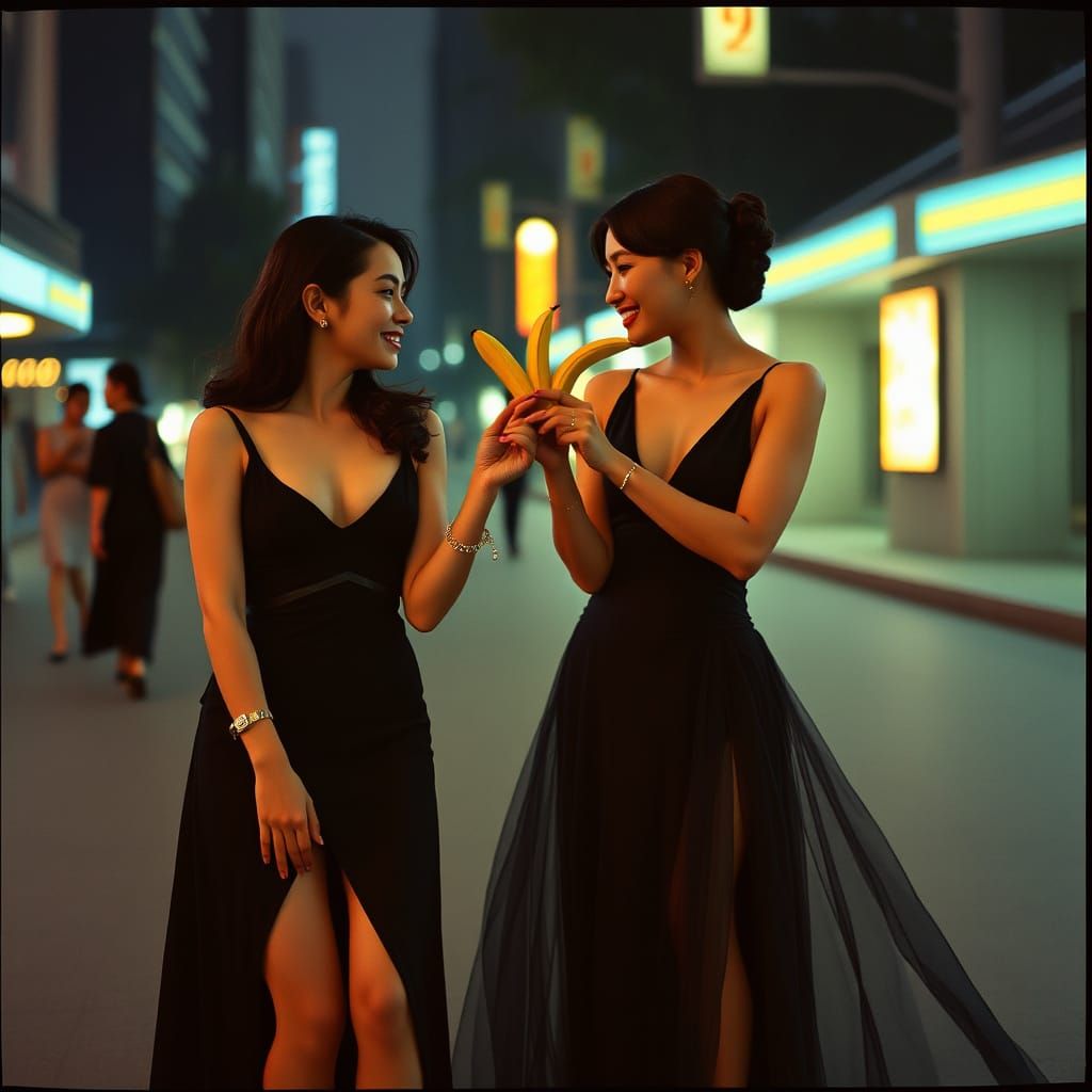 Elegant Women Share Banana: Cinematic Film Still