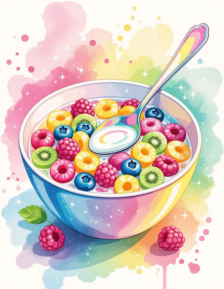 Fruity Cereal with Rainbow Milk in Watercolor Style