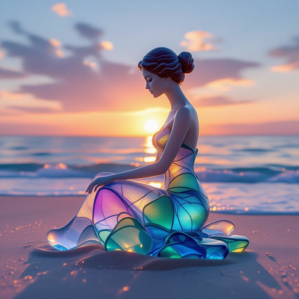 Ethereal Sea Glass Woman Sculpture at Dawn