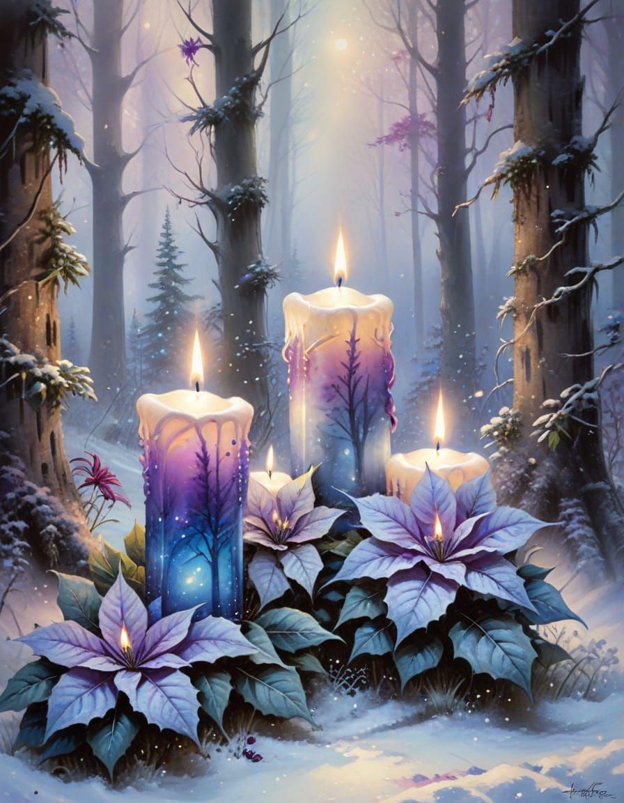 Ethereal Christmas Candles in Snowy Forest Clearing