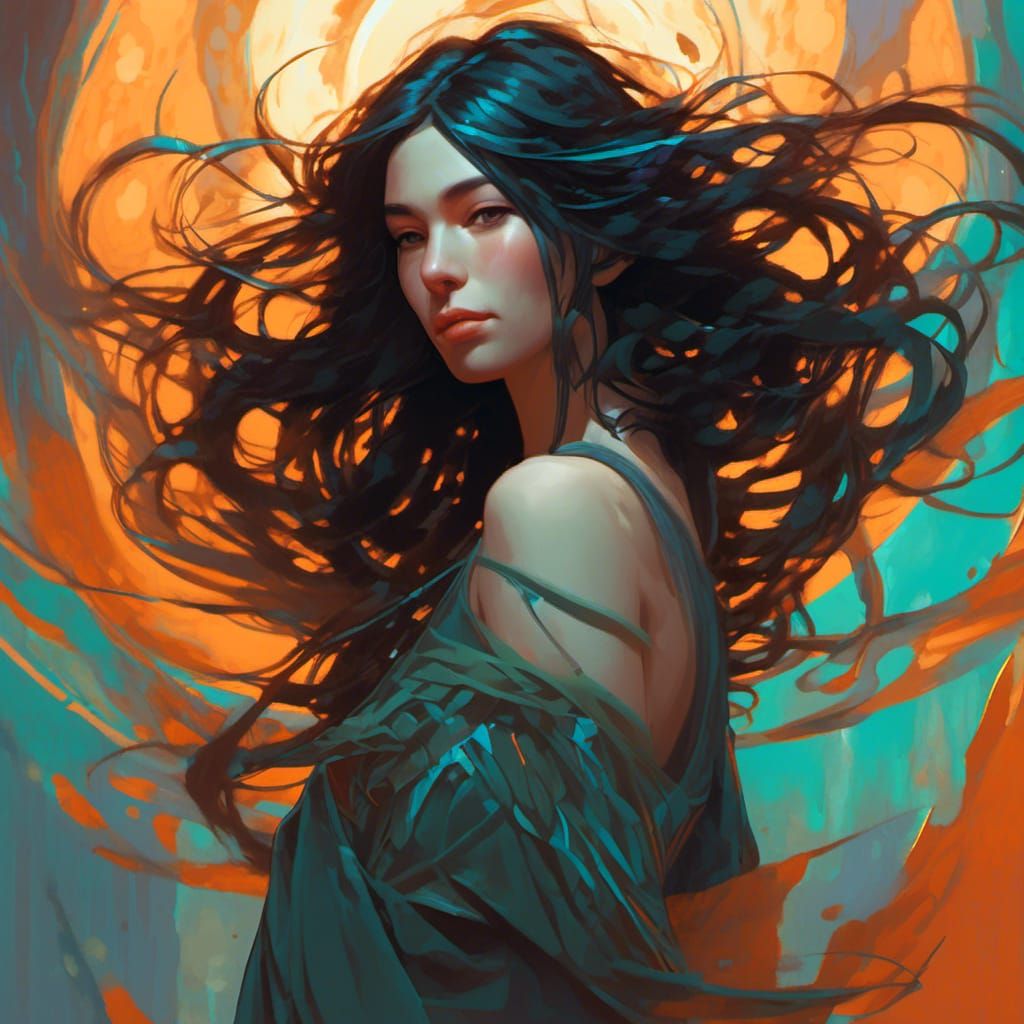 Beautiful Black Haired Woman, Hyperdetailed Splash Art