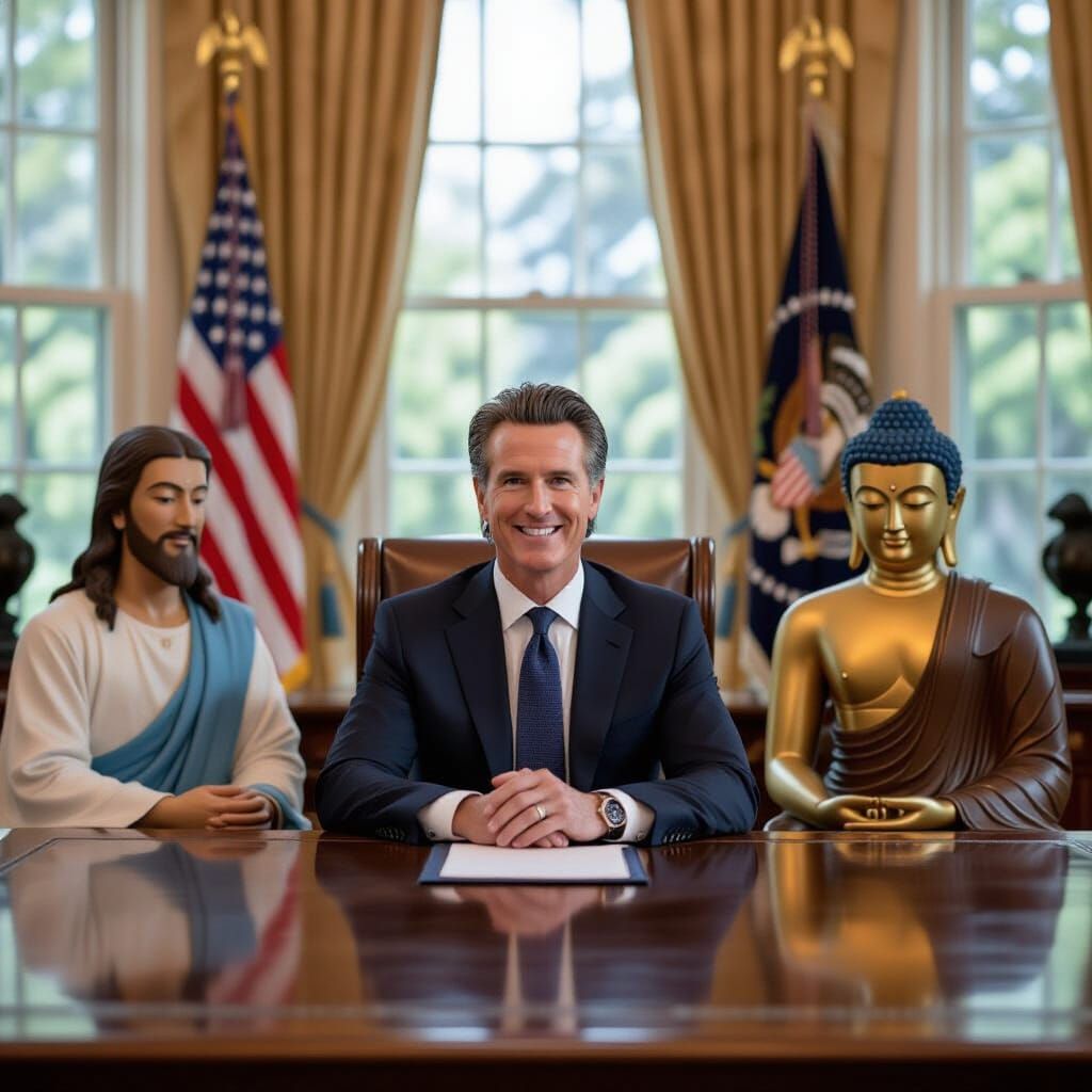 Gavin Newsom with Jesus and Buddha at President's Desk