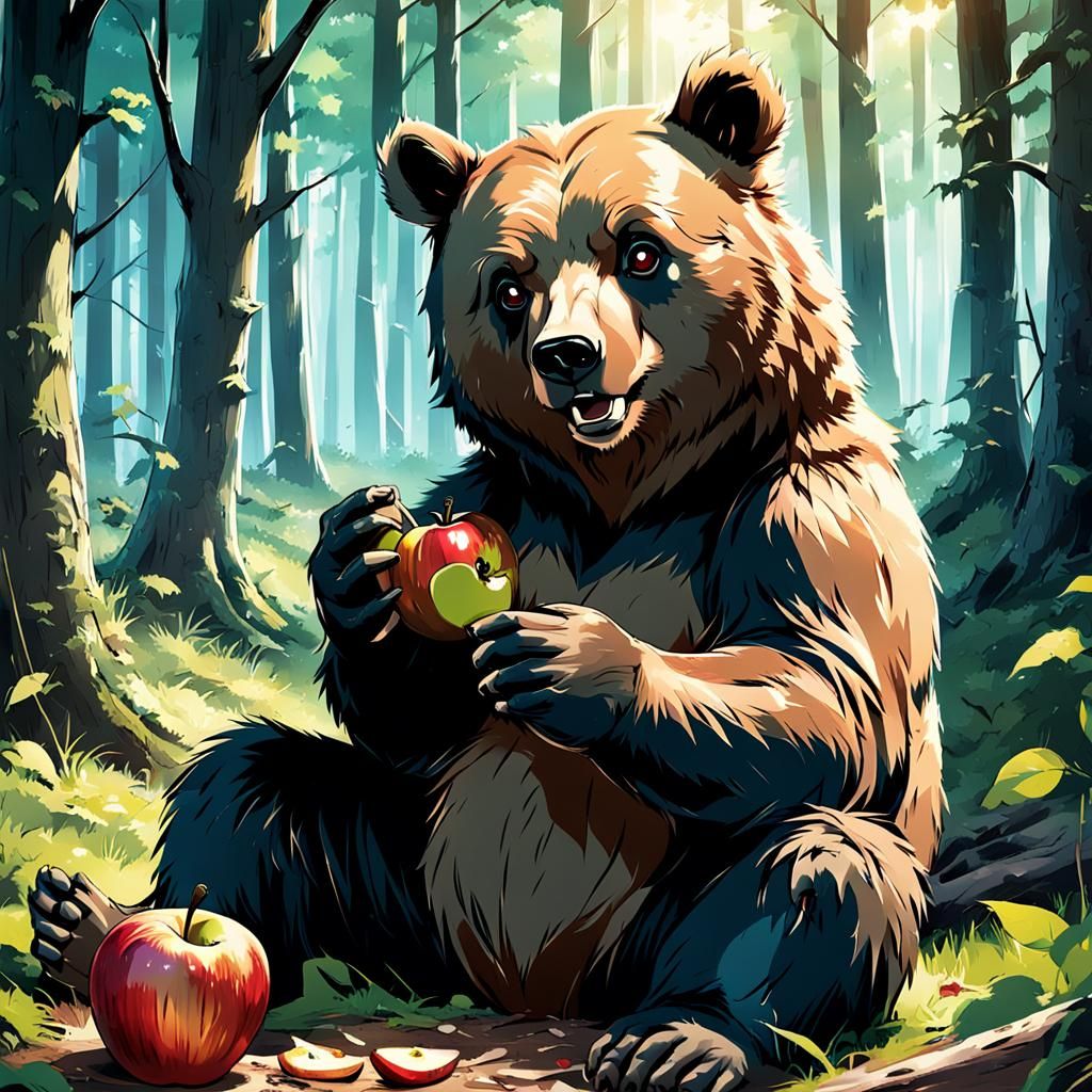 Baby Bear Eats Apple in Woods: Anime Art