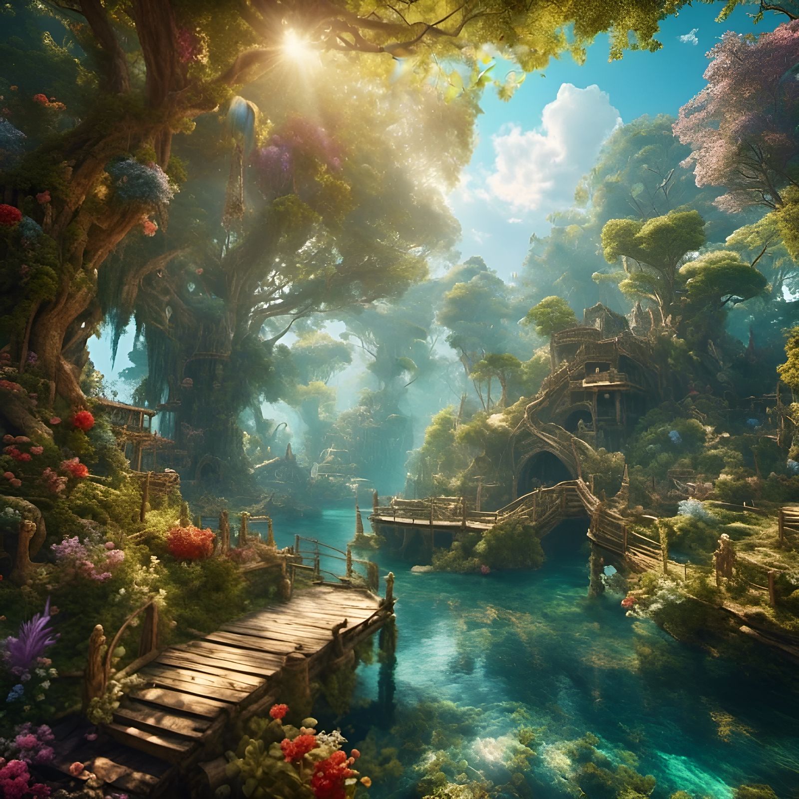 Dreamy Paradise with Magical Trees and Rivers