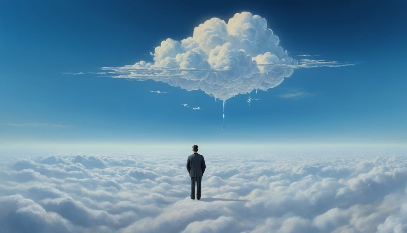 Surreal Dreamscape: Floating Figure in Cloud Sea
