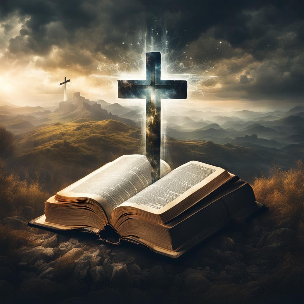 Christian Cross Revealed in Double Exposure Bible Art
