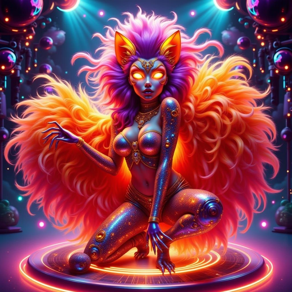 Alien Cat Showgirl in Neon Pop Style