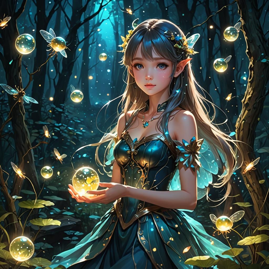 Enchanted Fairy with Bioluminescent Orbs in Forest