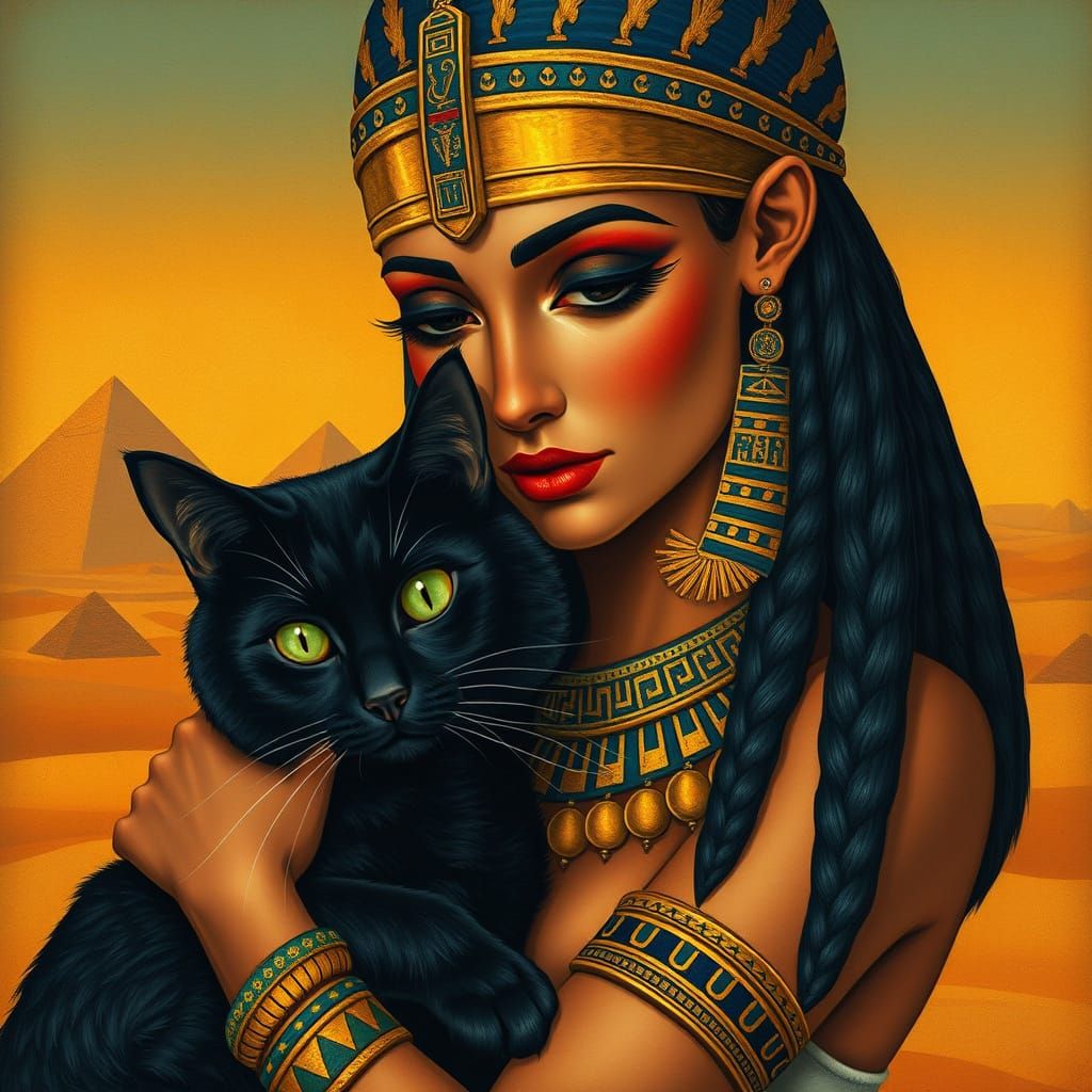 Egyptian Noblewoman with Majestic Feline Companion