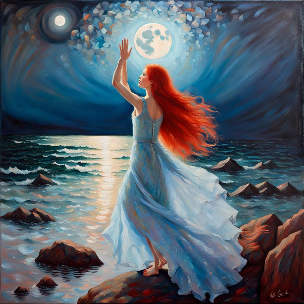Girl Holds Moon in Impressionistic Oil Painting