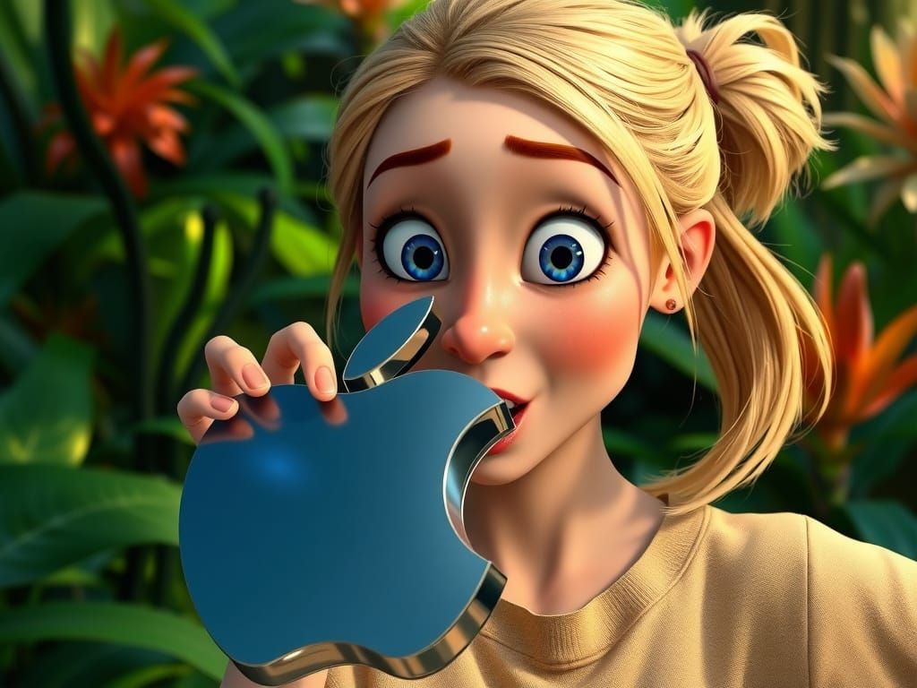 Pixar-Inspired Young Woman Bites Apple in Lush Jungle