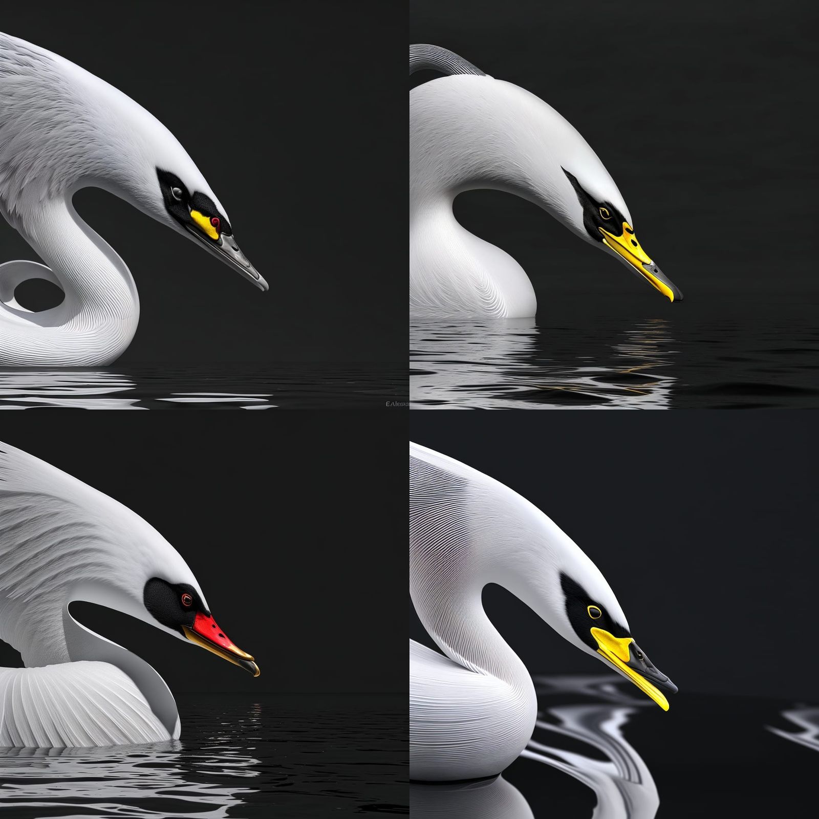 Monochrome Swan in Hyperrealistic 3D with Kintsugi