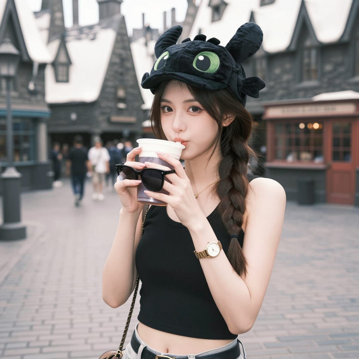 Cute Thai Woman Sips Coffee in Fantasy Park