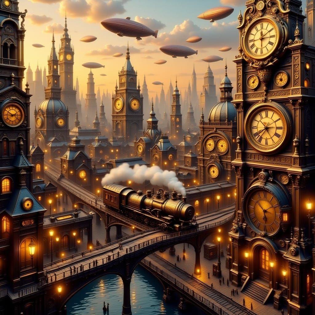 Ethereal Steampunk Metropolis Unfolds in Warm, Golden Light