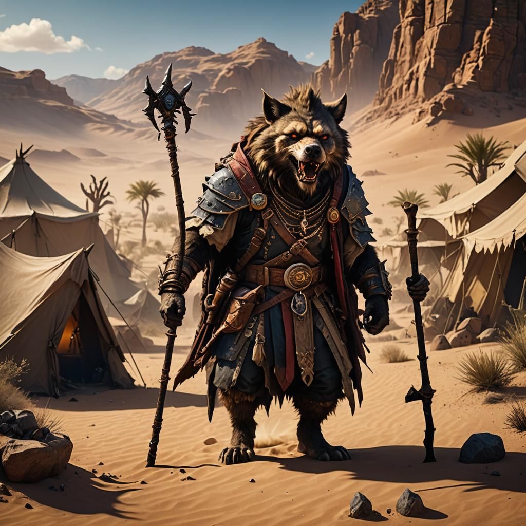 Gnoll Elder in Desert Camp: Detailed Matte Painting