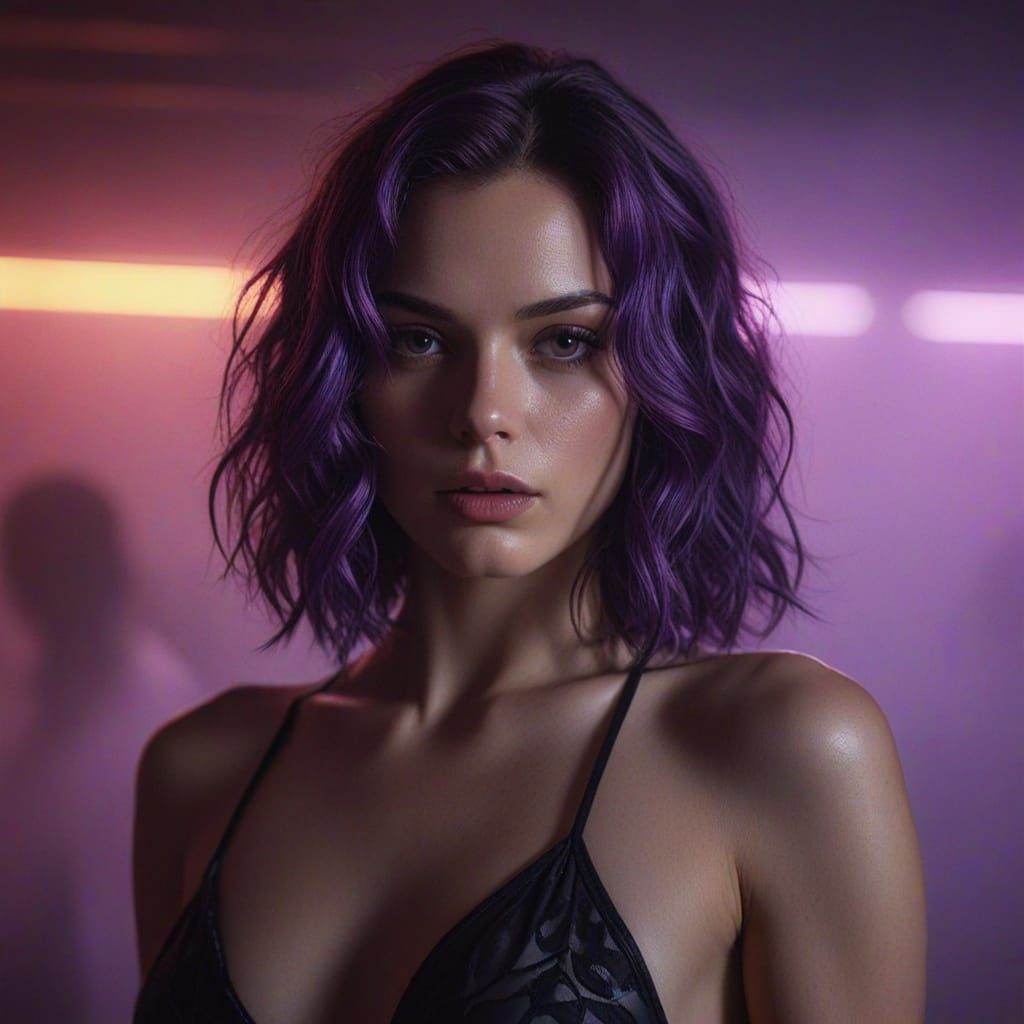 Purple-Haired Model in Neon Fog, Film Noir Style