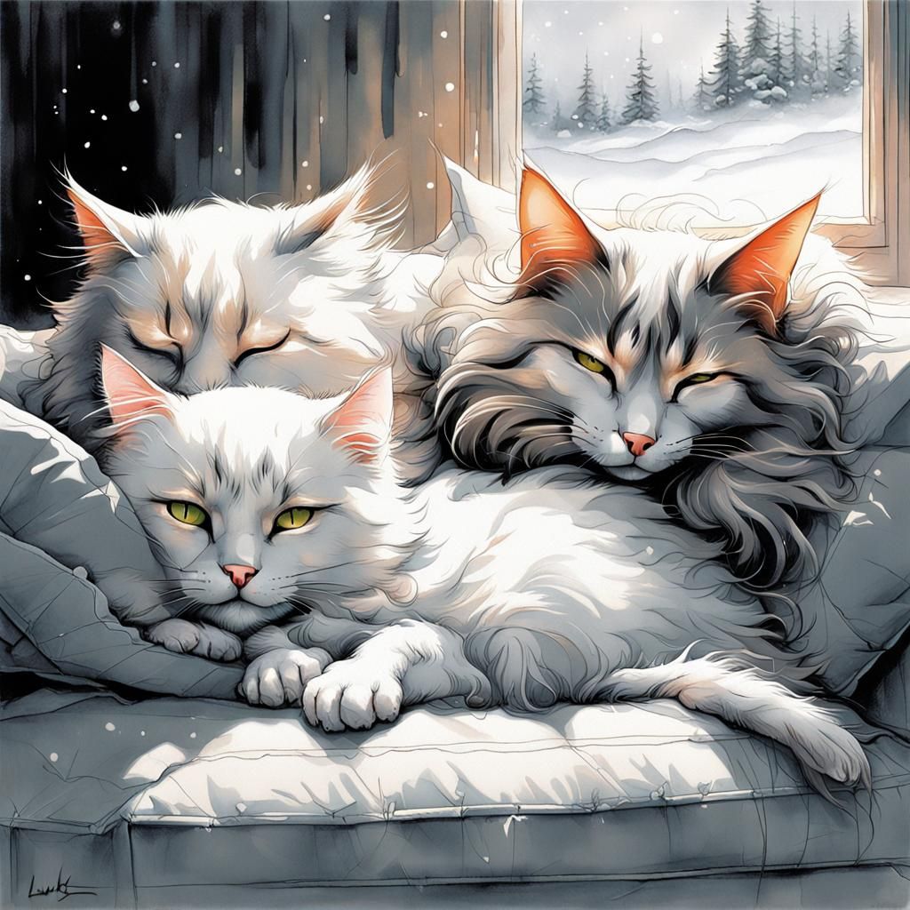 Cute Fluffy Cats Sleeping in Cosy Room