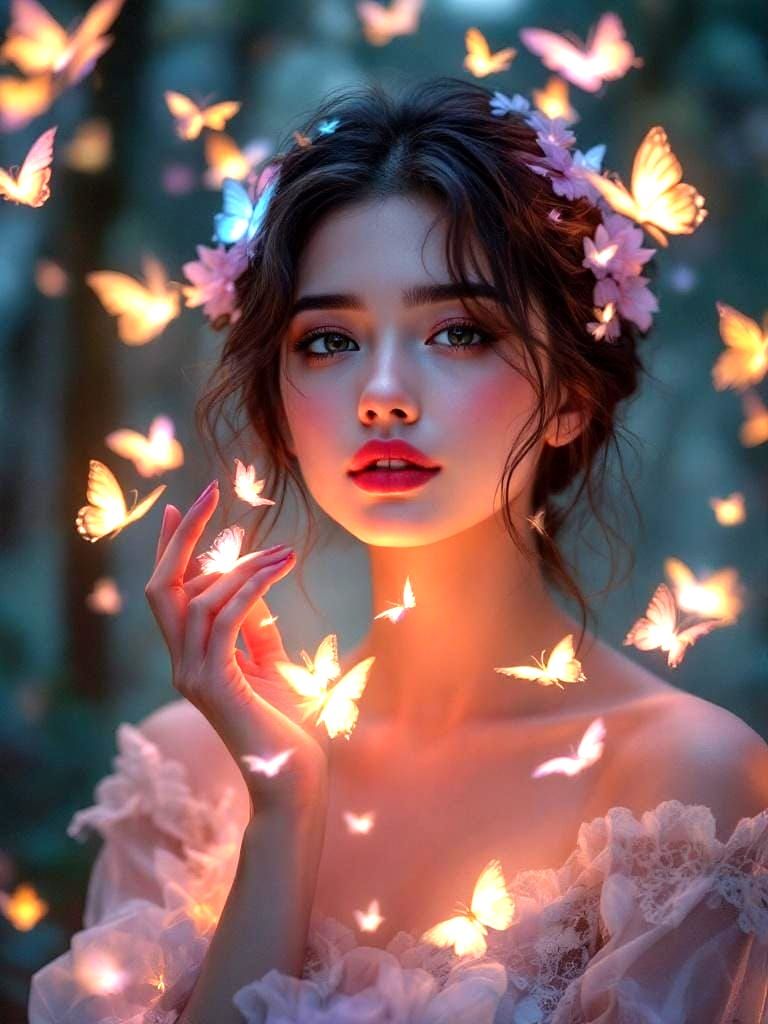 Young Woman with Butterflies in Fairycore Style