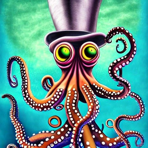 Octopus under the sea wearing a top hat surrealism airbrush art surrealism airbrush art photoillustration