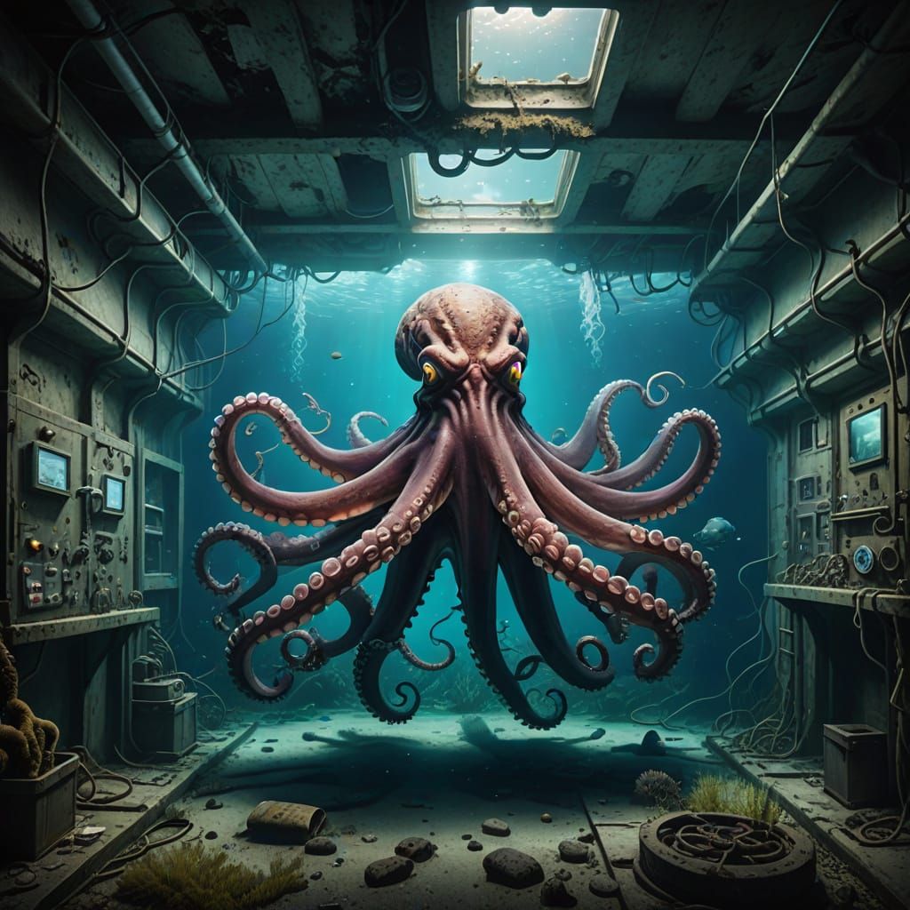 Giant Octopus in Abandoned Underwater Lab