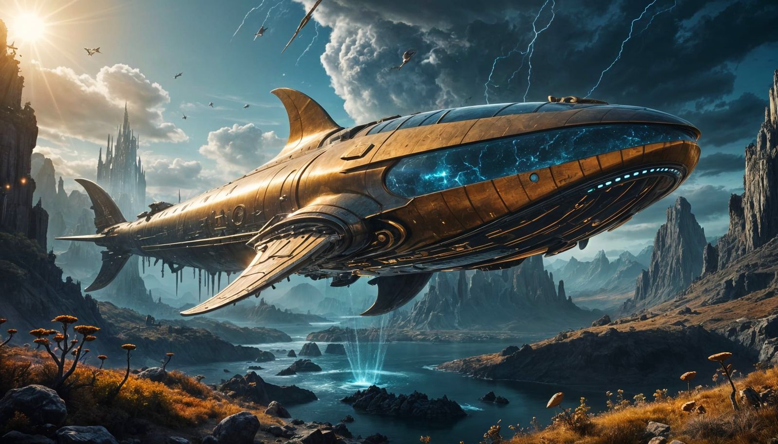 Glowing Gold Space Whale Starship Takes Flight