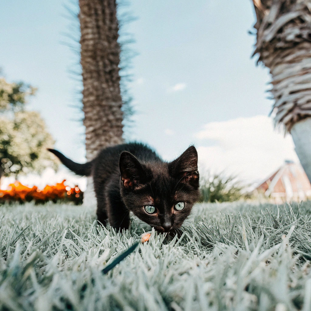 Black Kitten Hunting in Lush Green Yard, Hyperrealistic