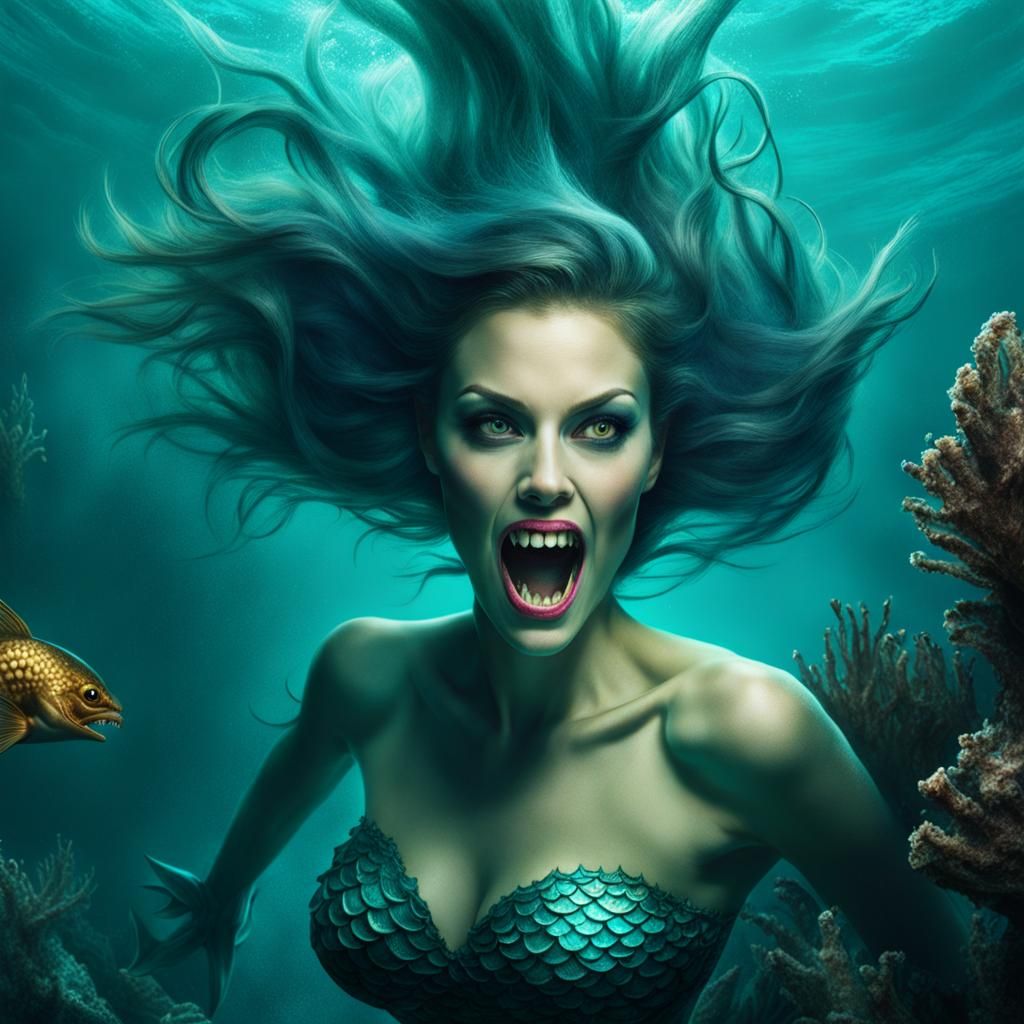 Terrifying Angry Mermaid with Sharp Teeth