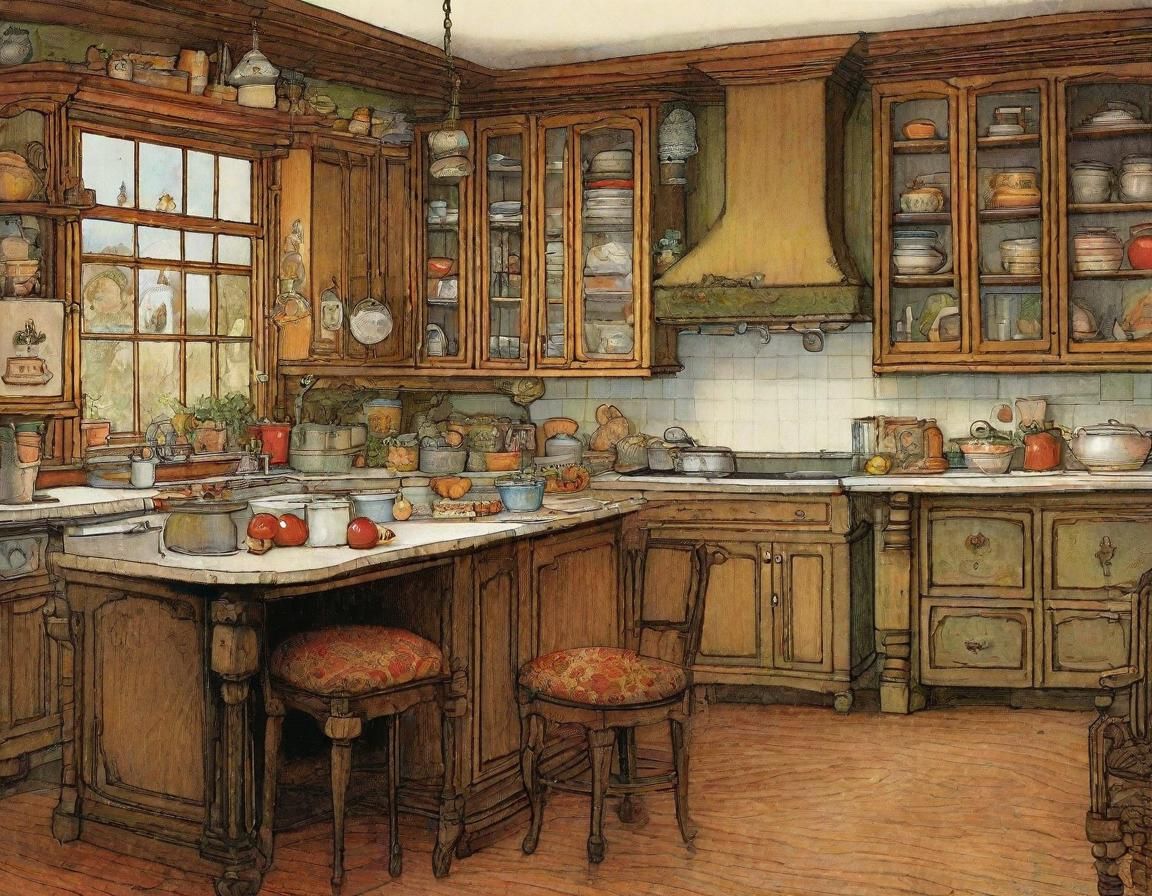 Cozy Kitchen Interior in Watercolor Style