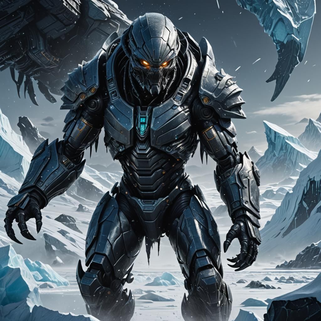 Armored Alien Invasion of Antarctica in Dark Fantasy Style