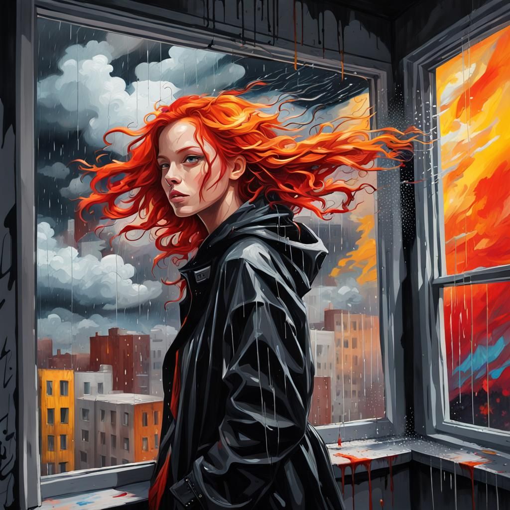 Fiery Red-Haired Girl in Rainy Graffiti Art