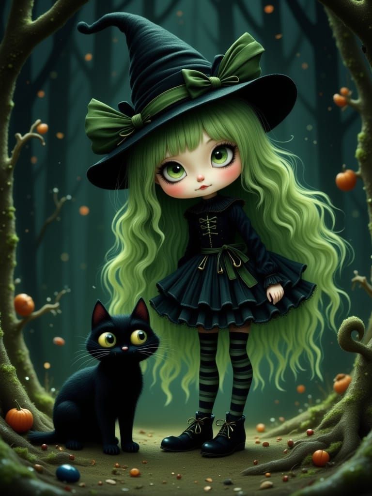 Cute Anime Witch and Cat in Dark Woodland