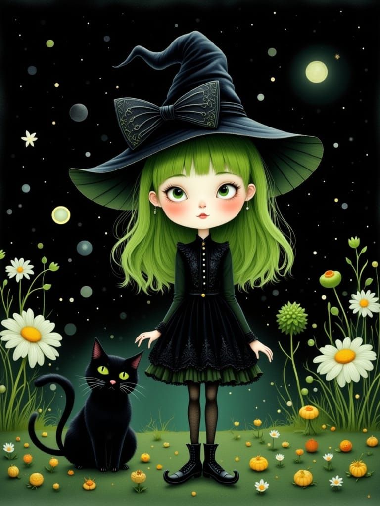 Cute Witch Girl and Cat in Dark Woodland