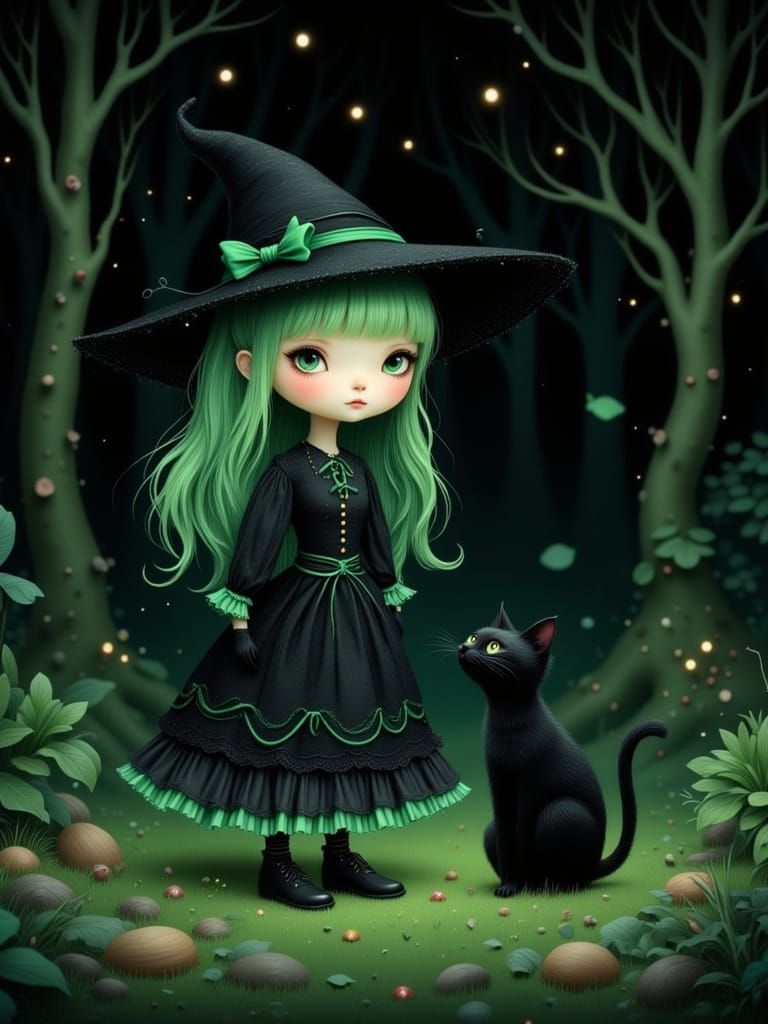 Cute Witch Girl and Black Cat in Dark Woodland