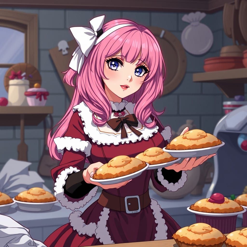 Gothic Santa Goddess Bakes Pies in Vibrant Anime Style