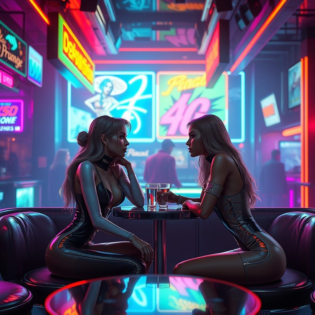 Futuristic Women Connect in Neon-Lit Bar
