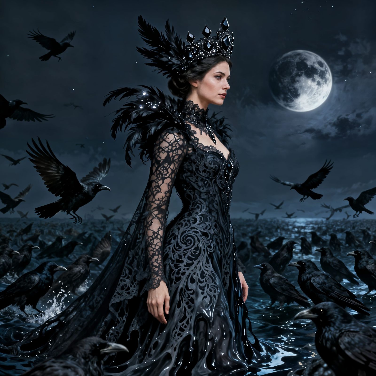 Regal Queen in Feather Crown and Lacy Gown