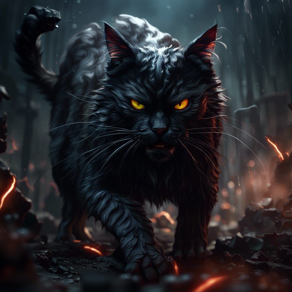 Angry Black Cat in Detailed Matte Painting