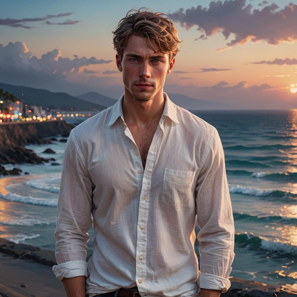 Handsome Man Portrait with Colorful Dusk Background