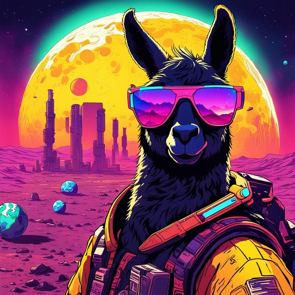 Llama Selfies on the Moon in Cyberpunk Style