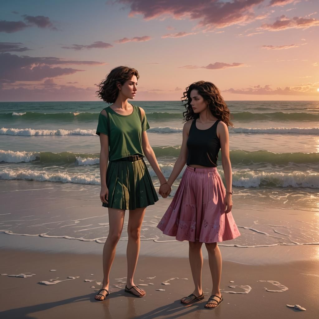 Teenage Girls Embrace at Sunset: Fantasy Concept Art