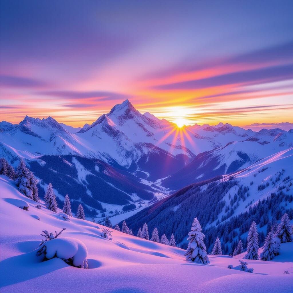 Majestic Spring Sunrise Over Snow-Capped Mountains