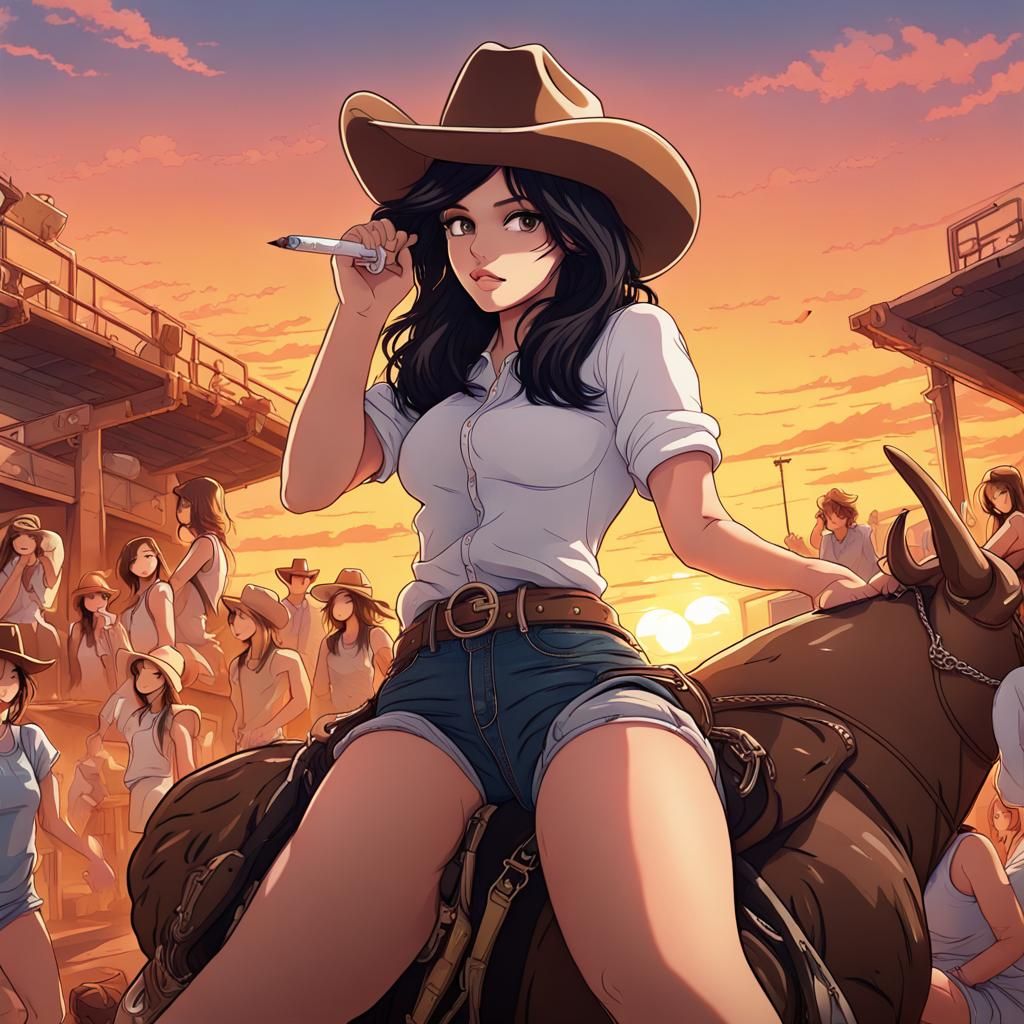 Anime Style Cowgirl Rides Bull at Sunset Rodeo