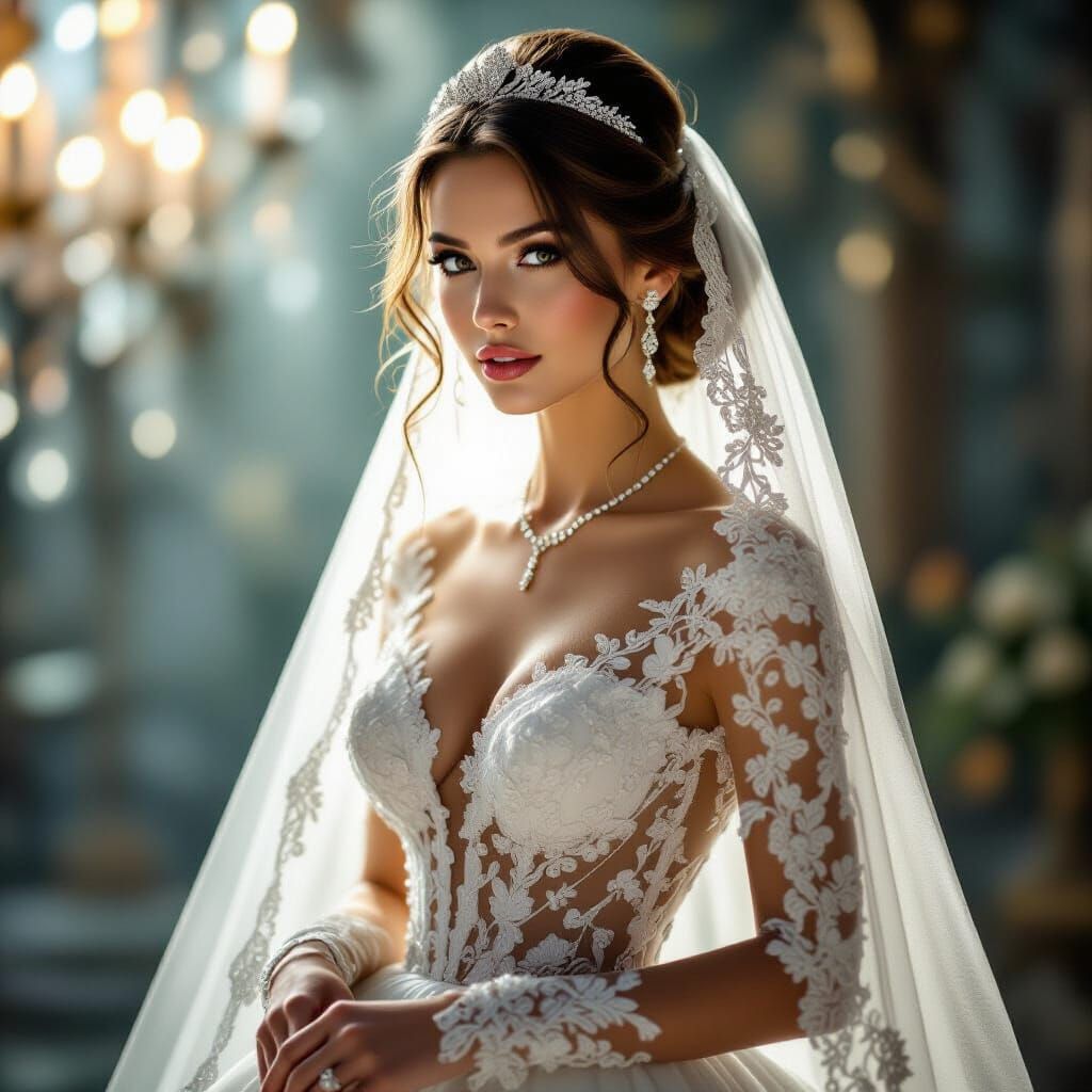 Bride in Lavish Dress in Atmospheric Lighting