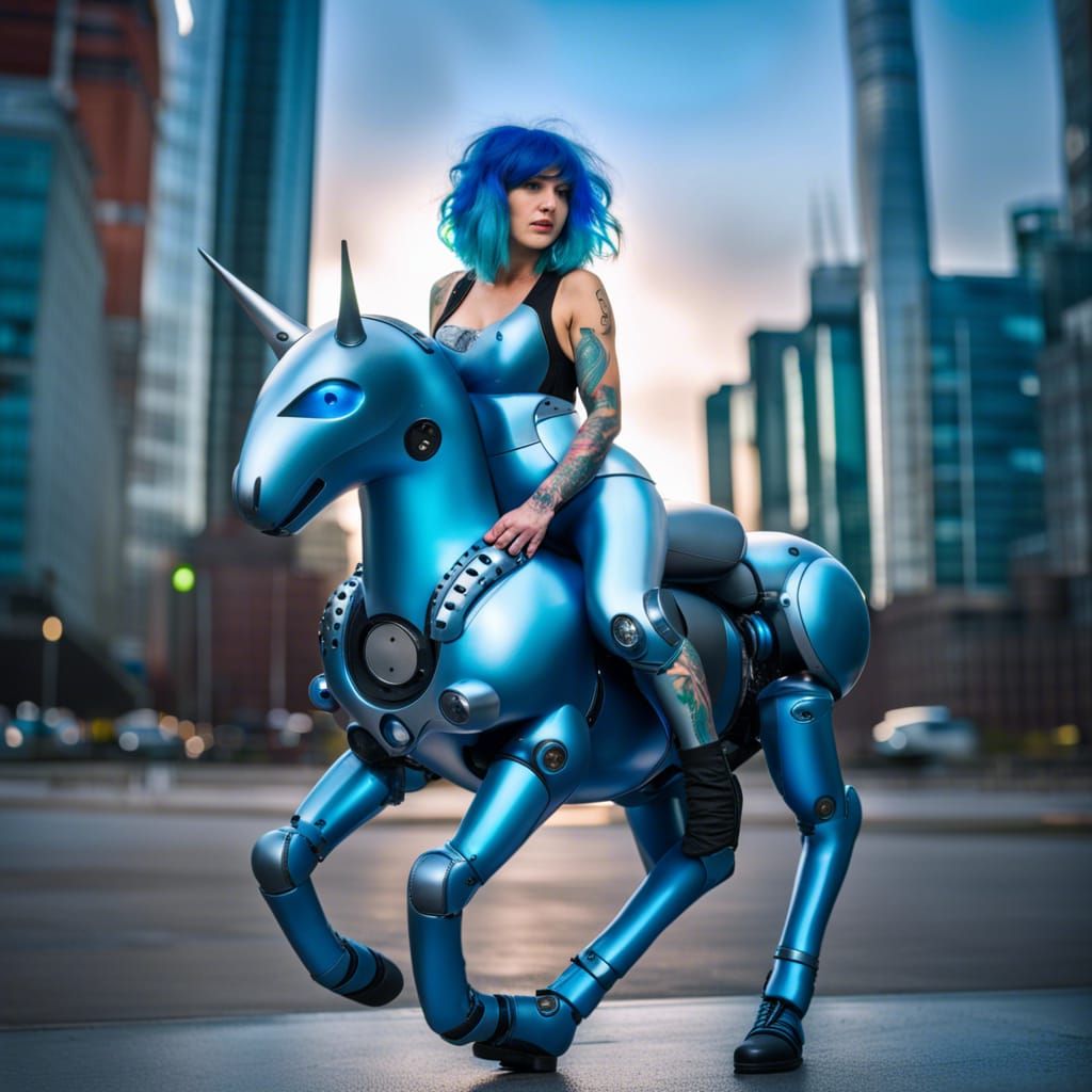 Emo Girl Rides Robotic Unicorn in Cyberpunk City