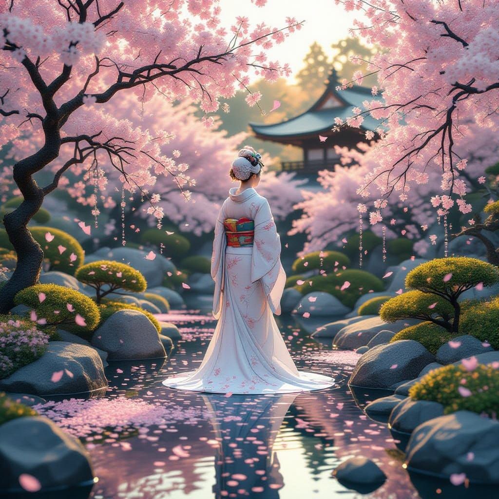 Digital Being in Japanese Garden with Falling Cherry Blossom...