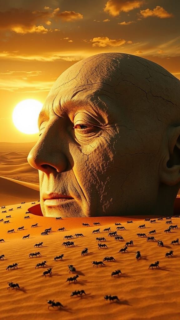Surreal Desert Giant Face with Miniature Figures