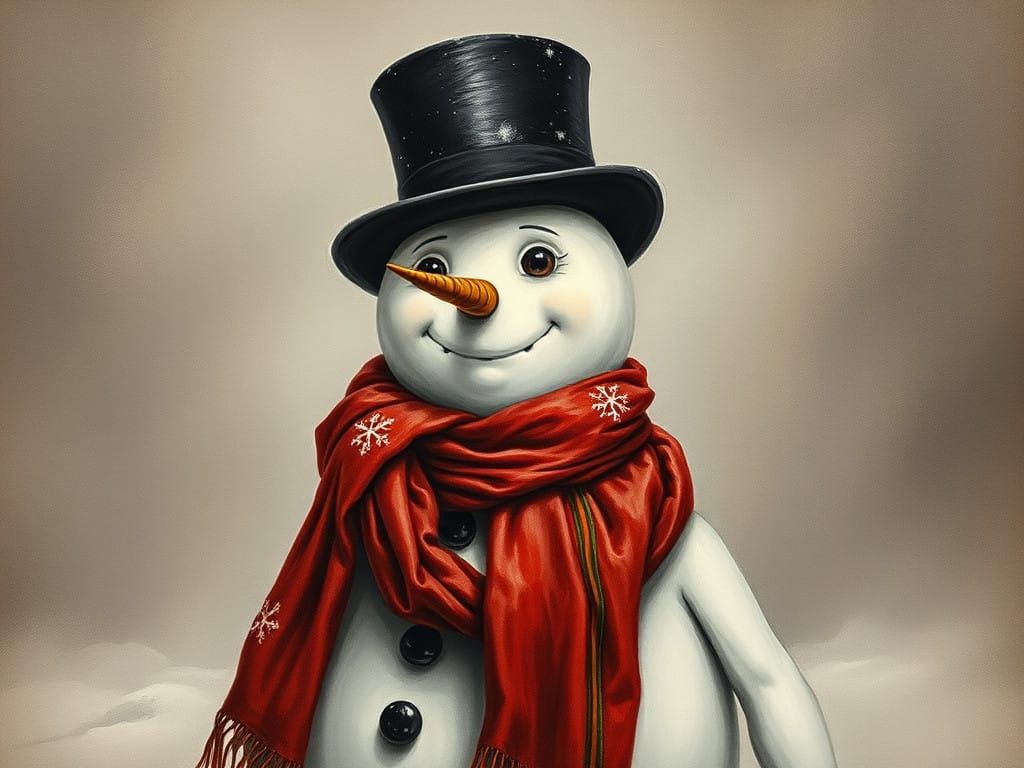 Dignified Victorian Snowman in Red Scarf and Black Top Hat