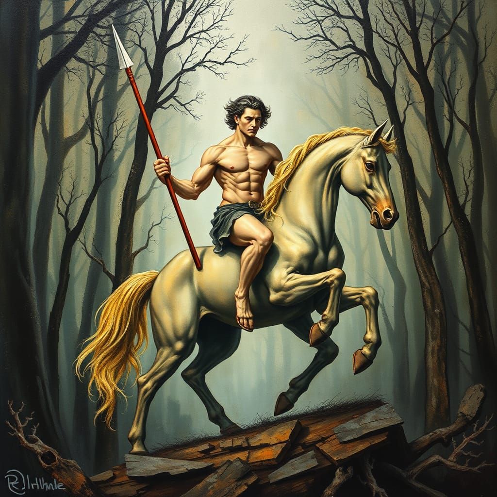 Centaur with Spear in Surrealist Impasto Forest